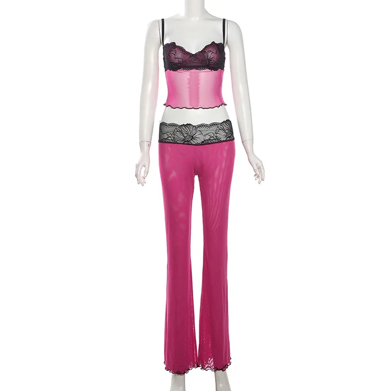 Lace Patchwork Leopard Print Sheer Mesh 2 Piece Set Women Sexy Camisole Crop Tops + Flare Pants Party Clubwear Holiday Suits