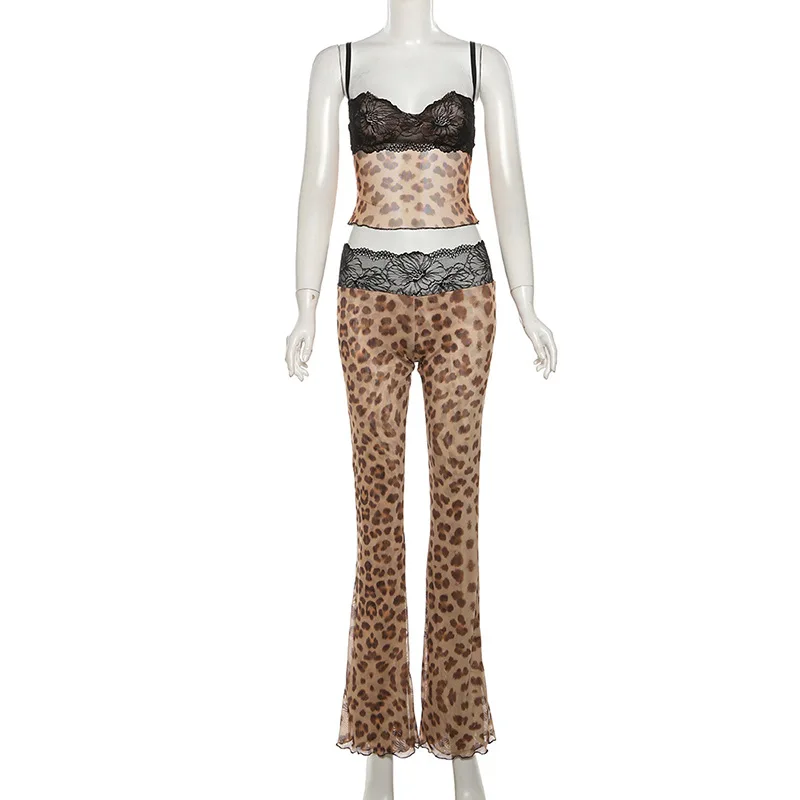 Lace Patchwork Leopard Print Sheer Mesh 2 Piece Set Women Sexy Camisole Crop Tops + Flare Pants Party Clubwear Holiday Suits