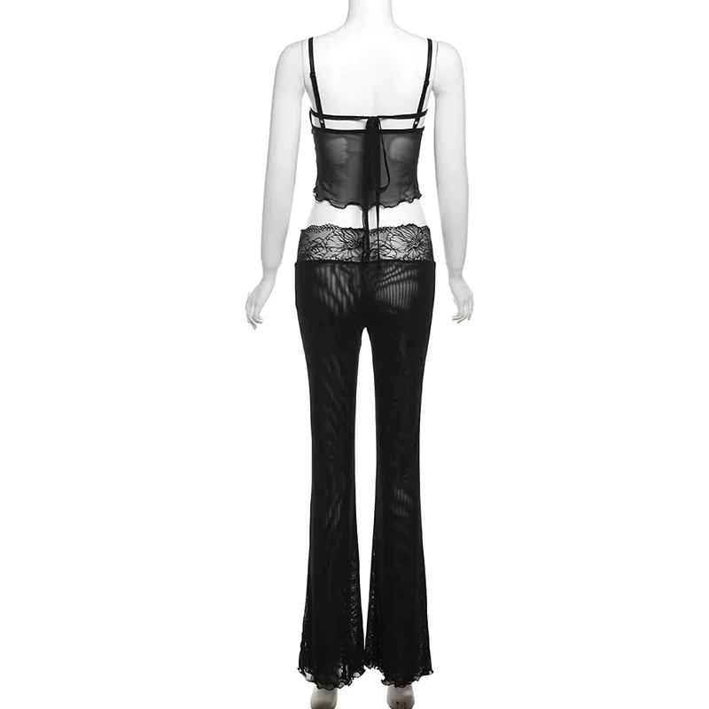 Lace Patchwork Leopard Print Sheer Mesh 2 Piece Set Women Sexy Camisole Crop Tops + Flare Pants Party Clubwear Holiday Suits