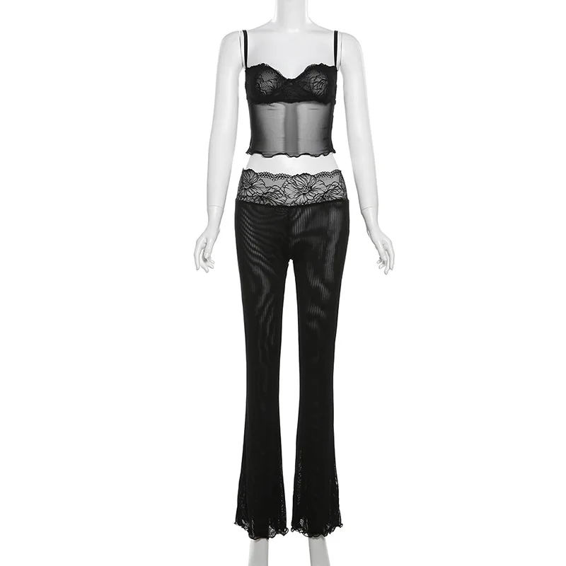 Lace Patchwork Leopard Print Sheer Mesh 2 Piece Set Women Sexy Camisole Crop Tops + Flare Pants Party Clubwear Holiday Suits
