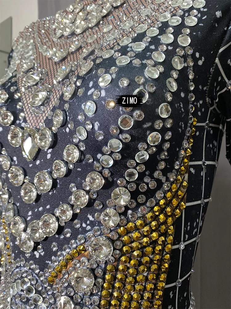 Fashion Rhinestones Jumpsuit Crystal Pearl Sexy Women Jumpsuits Spandex Party Nightclub Birthday Pole Dance Singer Stage Costume