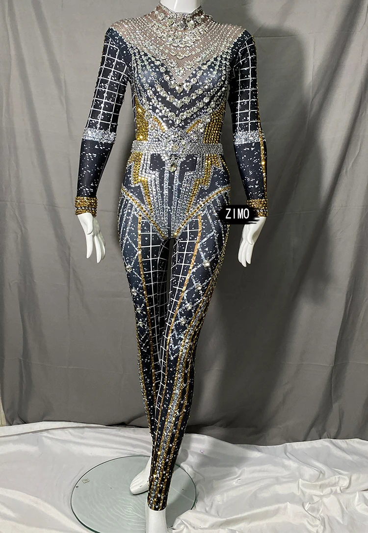 Fashion Rhinestones Jumpsuit Crystal Pearl Sexy Women Jumpsuits Spandex Party Nightclub Birthday Pole Dance Singer Stage Costume