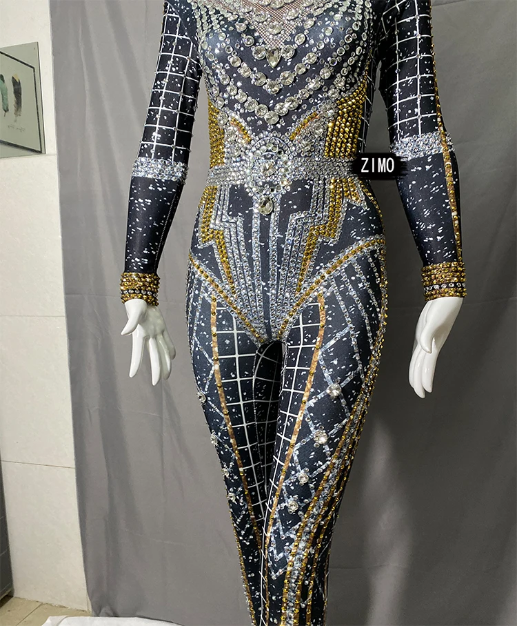 Fashion Rhinestones Jumpsuit Crystal Pearl Sexy Women Jumpsuits Spandex Party Nightclub Birthday Pole Dance Singer Stage Costume