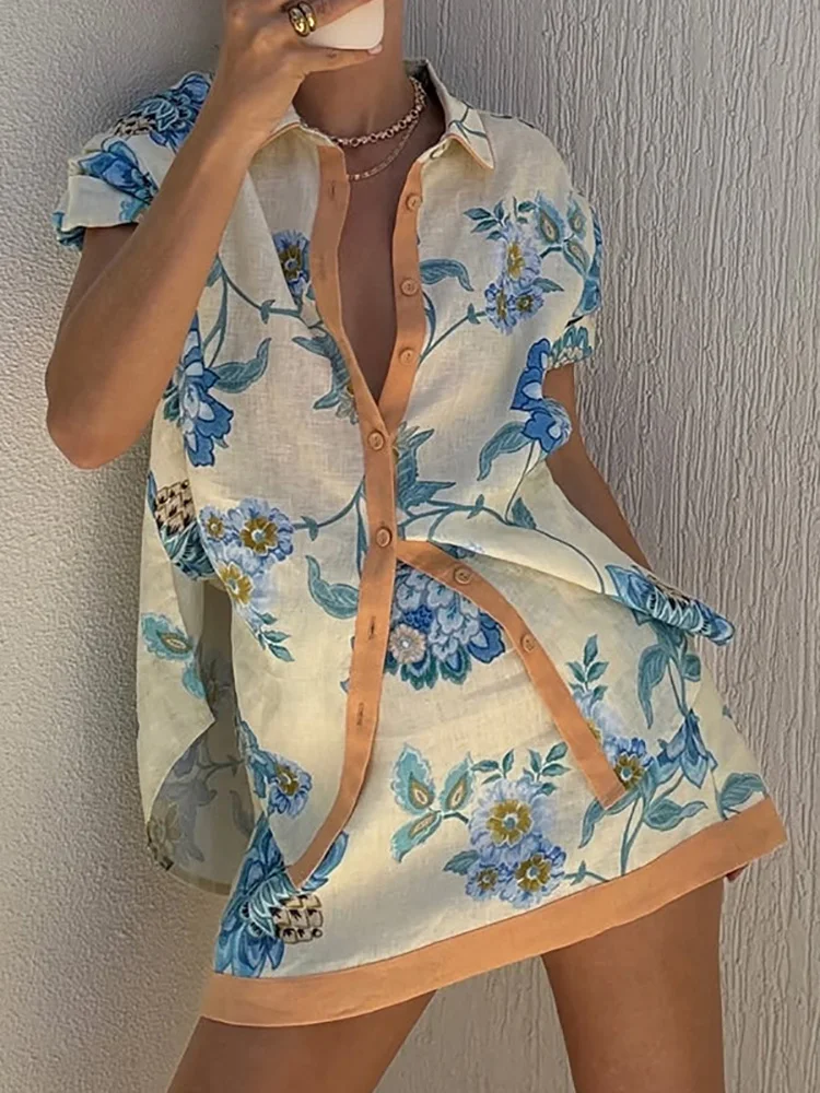 Women Spring Summer Loose Fit 2 Pieces Set Loungewear Lapel V-Neck Short Sleeve Shirt Top And Mini Skirts Outfit Streetwear 2025