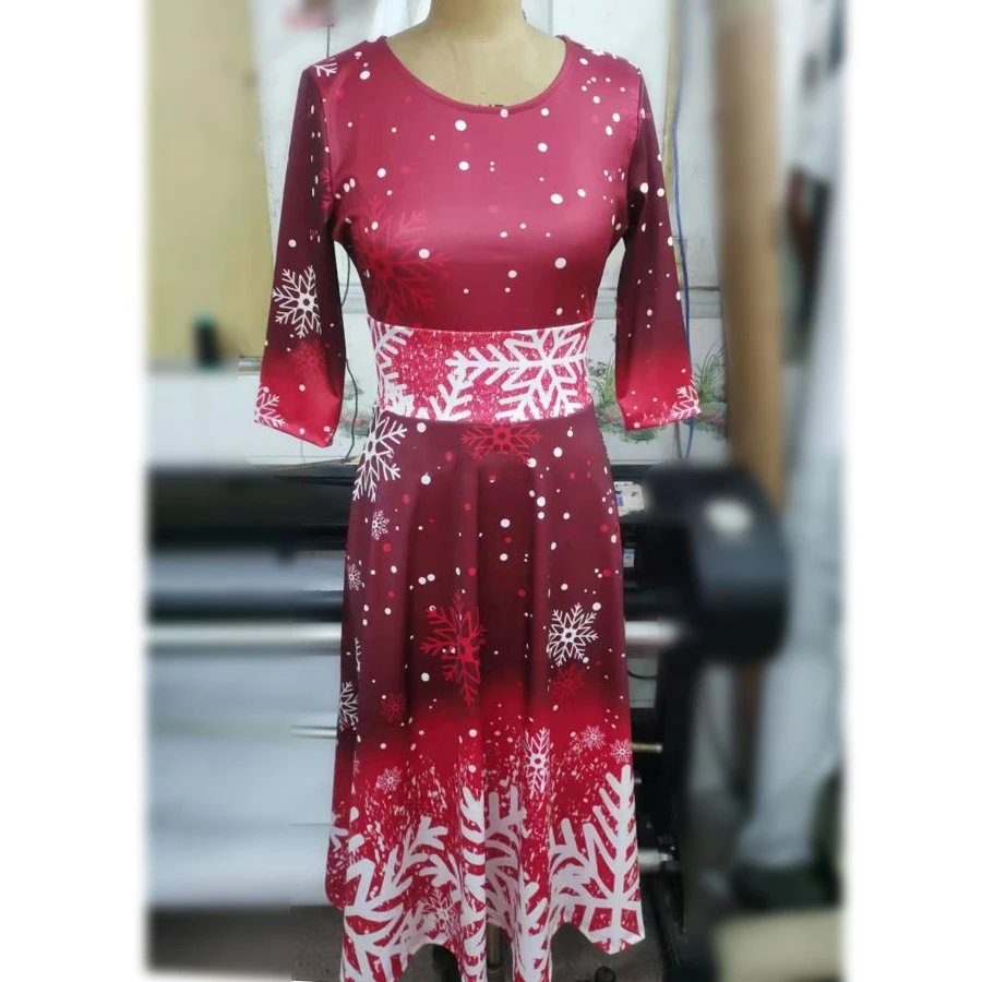 Winter Christmas Dresses Women Vintage Robe Swing Elegant Half Sleeve Casual Print Party Dress