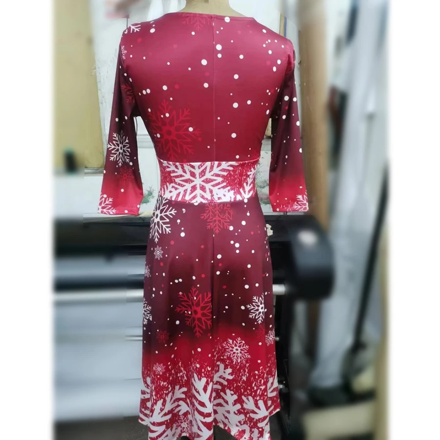Winter Christmas Dresses Women Vintage Robe Swing Elegant Half Sleeve Casual Print Party Dress