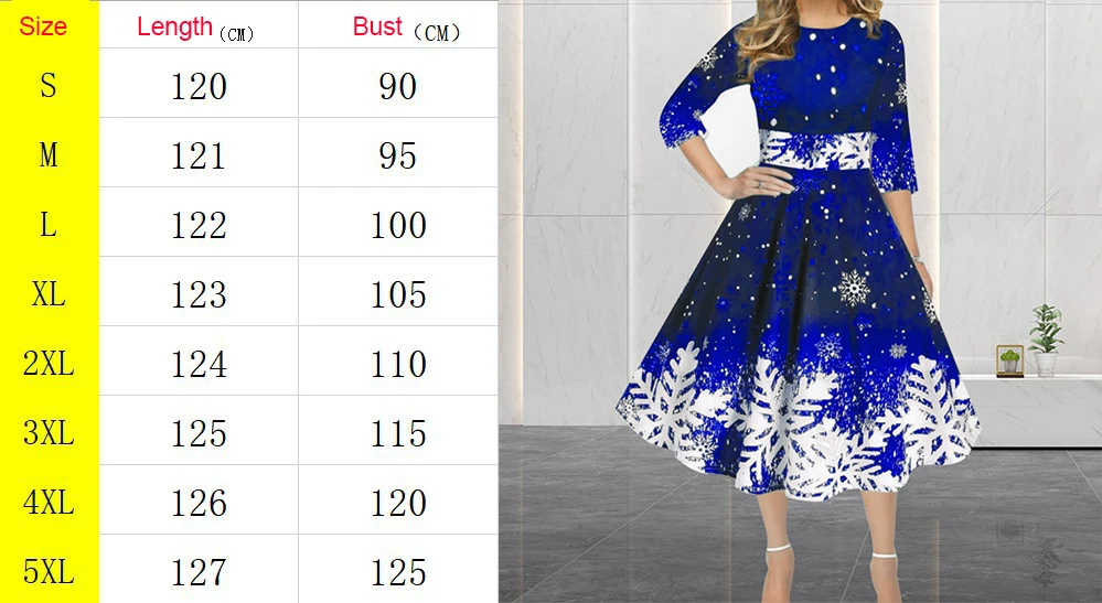 Winter Christmas Dresses Women Vintage Robe Swing Elegant Half Sleeve Casual Print Party Dress