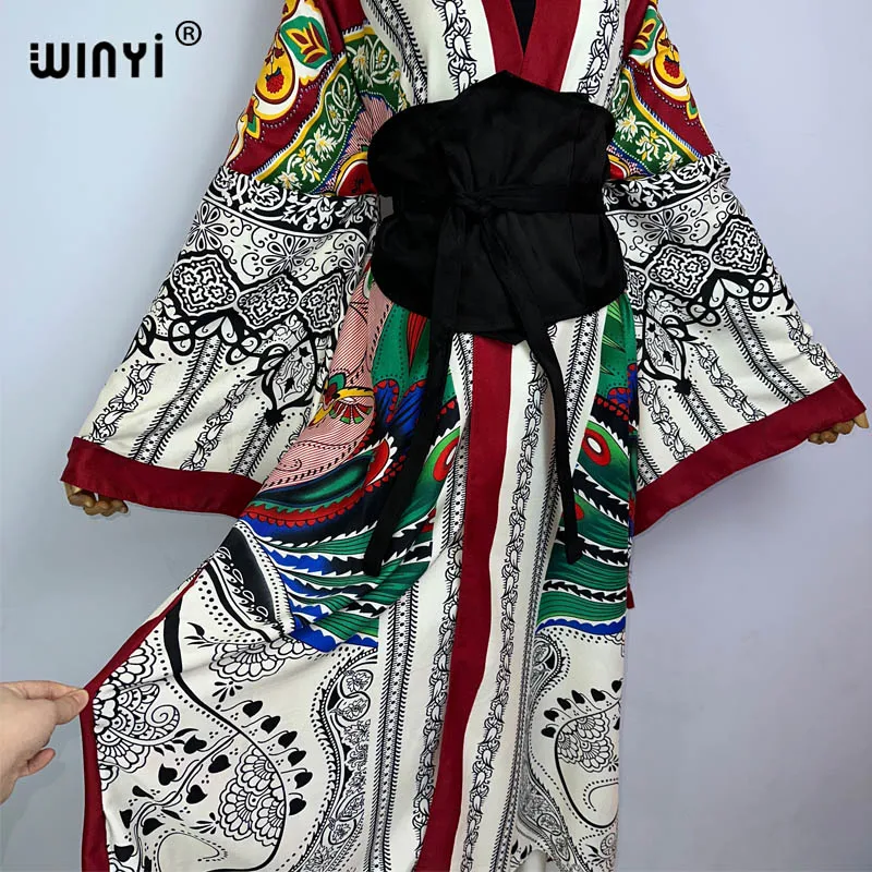 WINYI 2022 Women Kimono Fashion Vintage Totem Floral Caftan Print Waist Seal Midi Shirt Dress Long Sleeve Casual Slim Vestidos