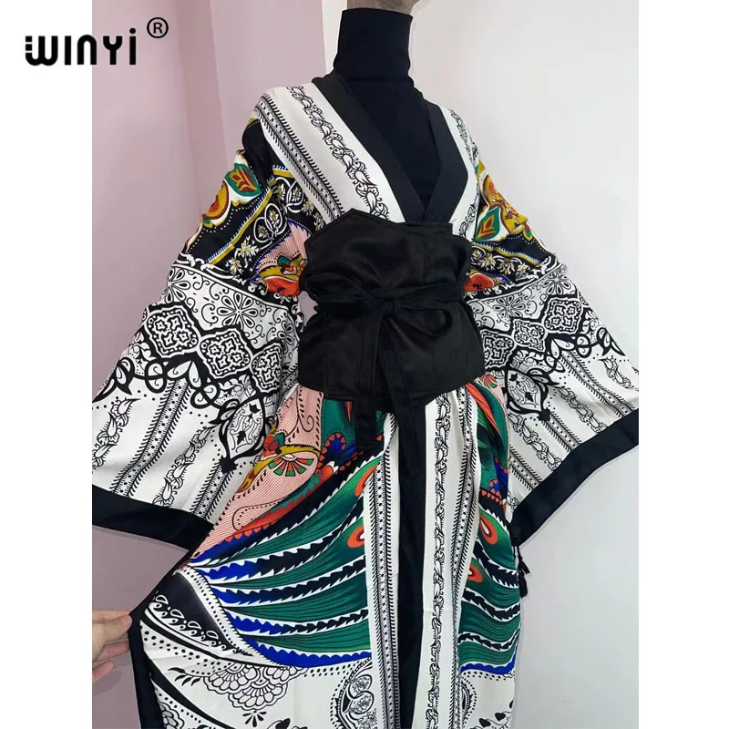 WINYI 2022 Women Kimono Fashion Vintage Totem Floral Caftan Print Waist Seal Midi Shirt Dress Long Sleeve Casual Slim Vestidos
