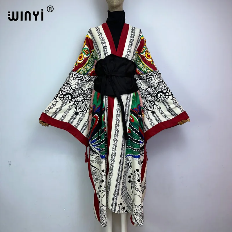 WINYI 2022 Women Kimono Fashion Vintage Totem Floral Caftan Print Waist Seal Midi Shirt Dress Long Sleeve Casual Slim Vestidos