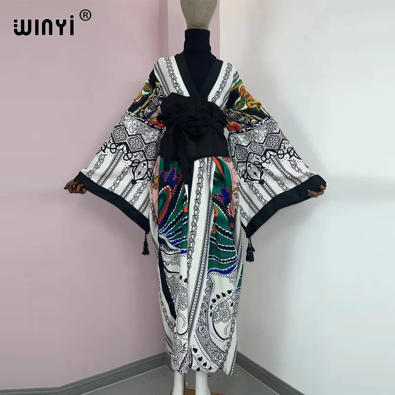 WINYI 2022 Women Kimono Fashion Vintage Totem Floral Caftan Print Waist Seal Midi Shirt Dress Long Sleeve Casual Slim Vestidos