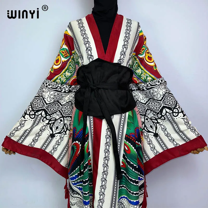 WINYI 2022 Women Kimono Fashion Vintage Totem Floral Caftan Print Waist Seal Midi Shirt Dress Long Sleeve Casual Slim Vestidos