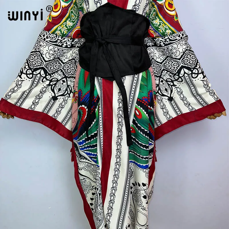 WINYI 2022 Women Kimono Fashion Vintage Totem Floral Caftan Print Waist Seal Midi Shirt Dress Long Sleeve Casual Slim Vestidos