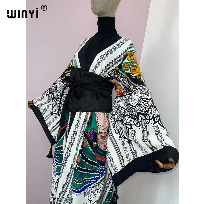 WINYI 2022 Women Kimono Fashion Vintage Totem Floral Caftan Print Waist Seal Midi Shirt Dress Long Sleeve Casual Slim Vestidos
