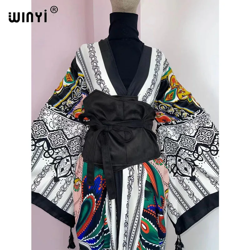 WINYI 2022 Women Kimono Fashion Vintage Totem Floral Caftan Print Waist Seal Midi Shirt Dress Long Sleeve Casual Slim Vestidos