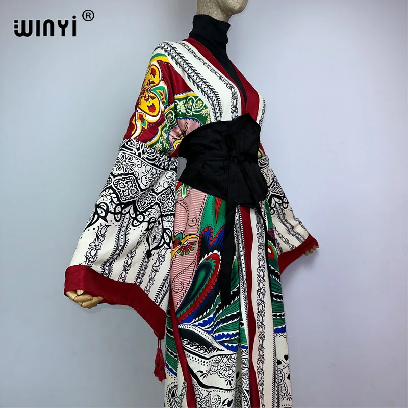 WINYI 2022 Women Kimono Fashion Vintage Totem Floral Caftan Print Waist Seal Midi Shirt Dress Long Sleeve Casual Slim Vestidos