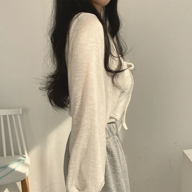 Lucyever White Knitted Cardigan Women Summer Thin Sunscreen Lace-Up Knitwear Tops Female Korean Style Lantern Sleeve Short Coat