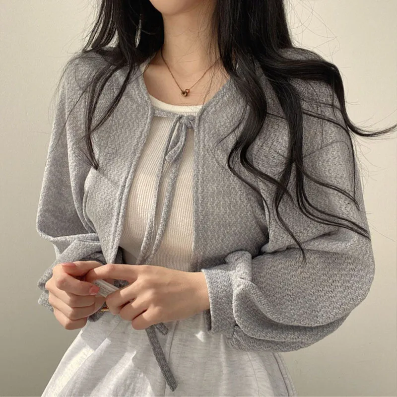 Lucyever White Knitted Cardigan Women Summer Thin Sunscreen Lace-Up Knitwear Tops Female Korean Style Lantern Sleeve Short Coat