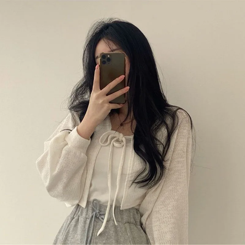 Lucyever White Knitted Cardigan Women Summer Thin Sunscreen Lace-Up Knitwear Tops Female Korean Style Lantern Sleeve Short Coat