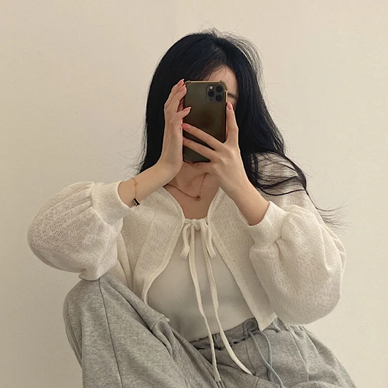 Lucyever White Knitted Cardigan Women Summer Thin Sunscreen Lace-Up Knitwear Tops Female Korean Style Lantern Sleeve Short Coat