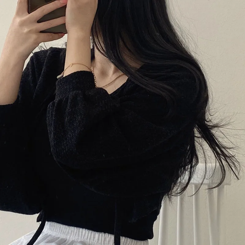 Lucyever White Knitted Cardigan Women Summer Thin Sunscreen Lace-Up Knitwear Tops Female Korean Style Lantern Sleeve Short Coat