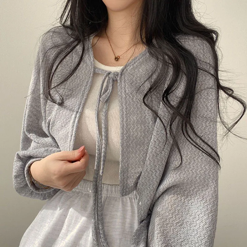 Lucyever White Knitted Cardigan Women Summer Thin Sunscreen Lace-Up Knitwear Tops Female Korean Style Lantern Sleeve Short Coat