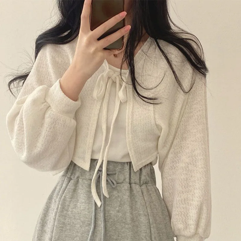 Lucyever White Knitted Cardigan Women Summer Thin Sunscreen Lace-Up Knitwear Tops Female Korean Style Lantern Sleeve Short Coat