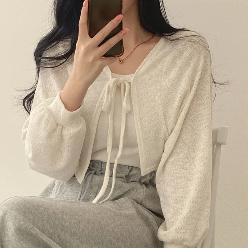 Lucyever White Knitted Cardigan Women Summer Thin Sunscreen Lace-Up Knitwear Tops Female Korean Style Lantern Sleeve Short Coat