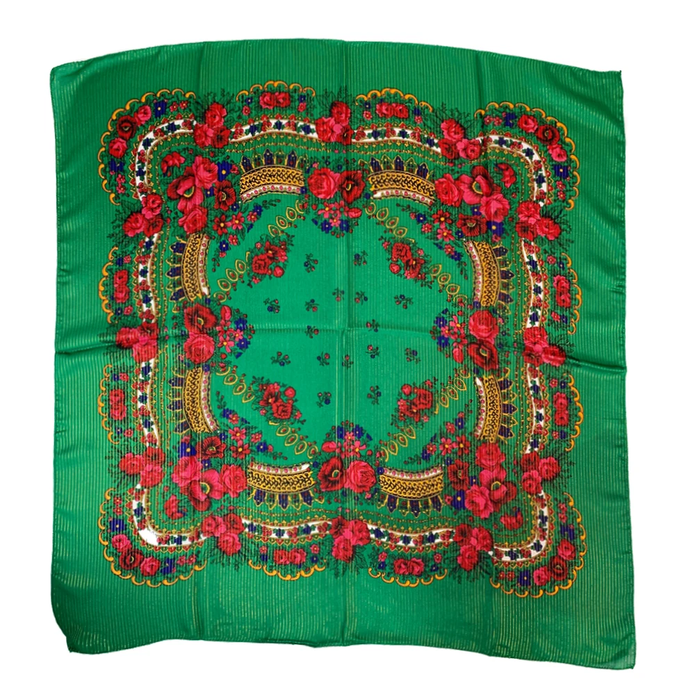 Shiny Thread Floral Print Russian National Scarf Handkerchief Ethnic Shawl Headband Babushka Bandana Square Head Scarf Ukraine