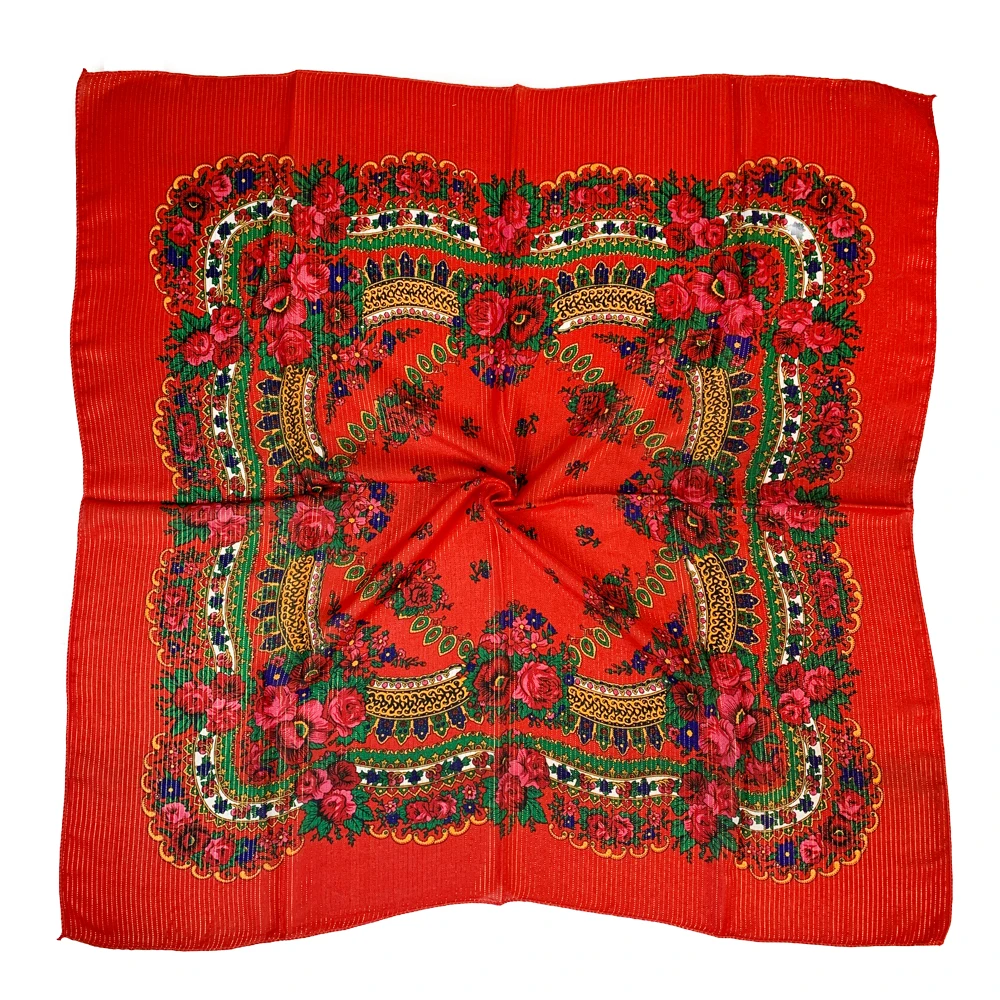 Shiny Thread Floral Print Russian National Scarf Handkerchief Ethnic Shawl Headband Babushka Bandana Square Head Scarf Ukraine