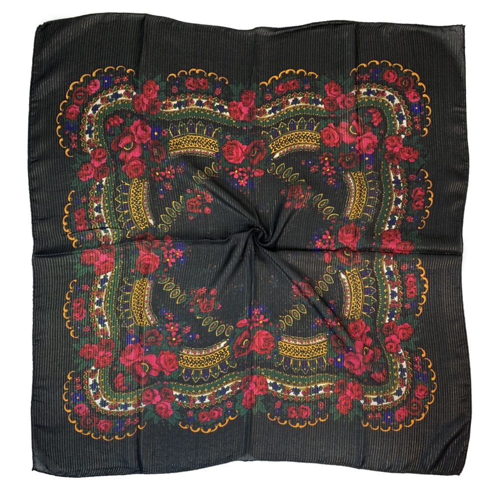 Shiny Thread Floral Print Russian National Scarf Handkerchief Ethnic Shawl Headband Babushka Bandana Square Head Scarf Ukraine