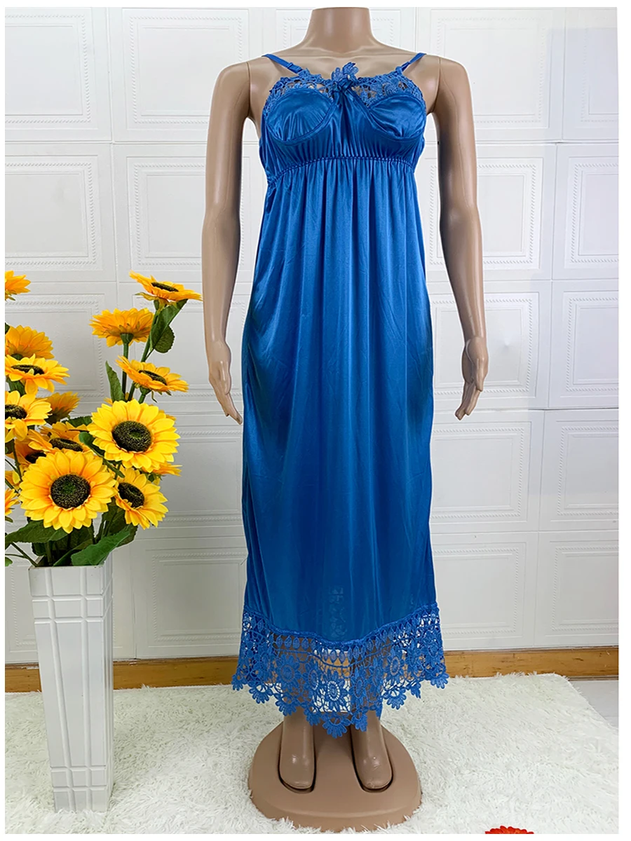 Latest African Women Sexy Elegant Lace Embroidery Pajamas Silk Comfortable Sexy Nightdress Suspender Skirt Length Stretch Dress