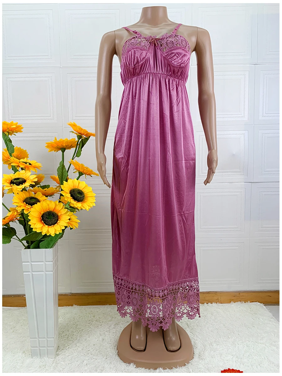 Latest African Women Sexy Elegant Lace Embroidery Pajamas Silk Comfortable Sexy Nightdress Suspender Skirt Length Stretch Dress