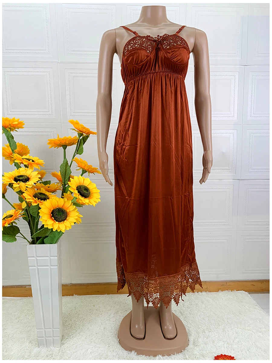 Latest African Women Sexy Elegant Lace Embroidery Pajamas Silk Comfortable Sexy Nightdress Suspender Skirt Length Stretch Dress