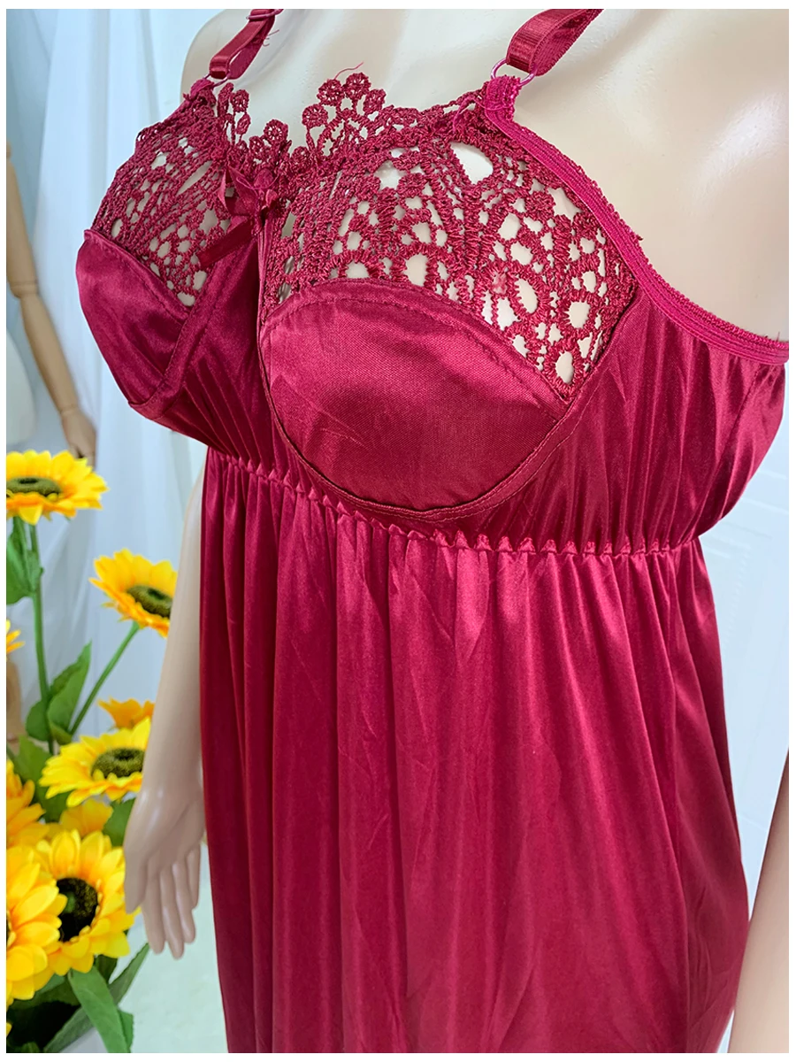 Latest African Women Sexy Elegant Lace Embroidery Pajamas Silk Comfortable Sexy Nightdress Suspender Skirt Length Stretch Dress