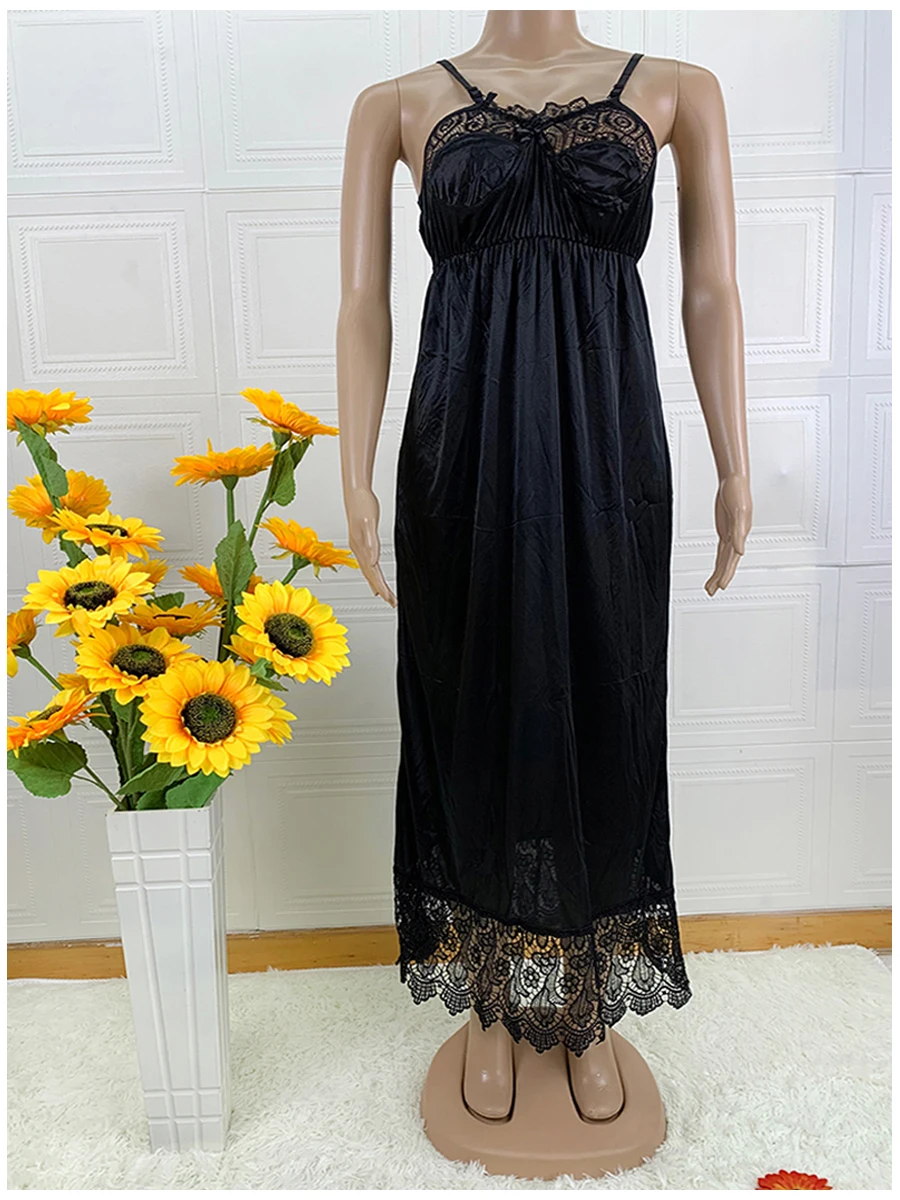 Latest African Women Sexy Elegant Lace Embroidery Pajamas Silk Comfortable Sexy Nightdress Suspender Skirt Length Stretch Dress