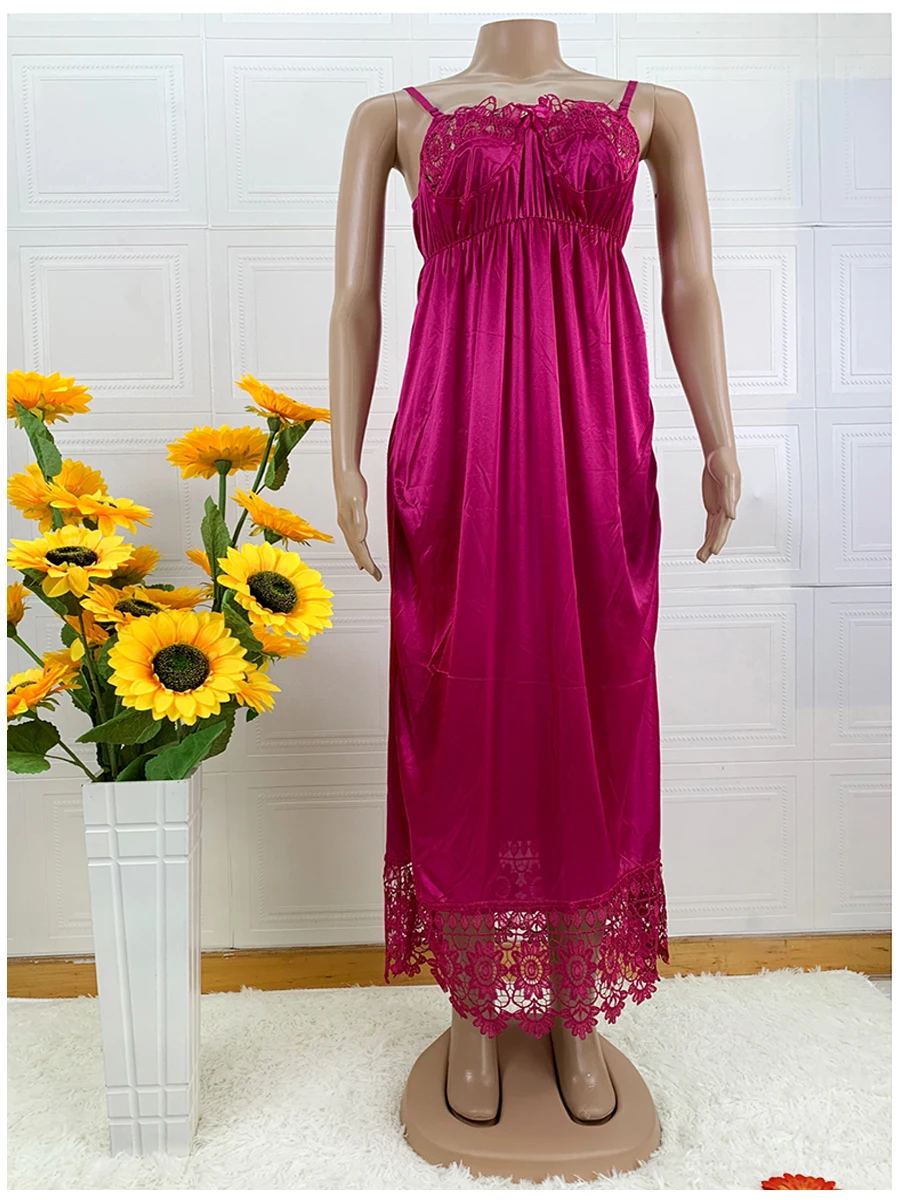 Latest African Women Sexy Elegant Lace Embroidery Pajamas Silk Comfortable Sexy Nightdress Suspender Skirt Length Stretch Dress