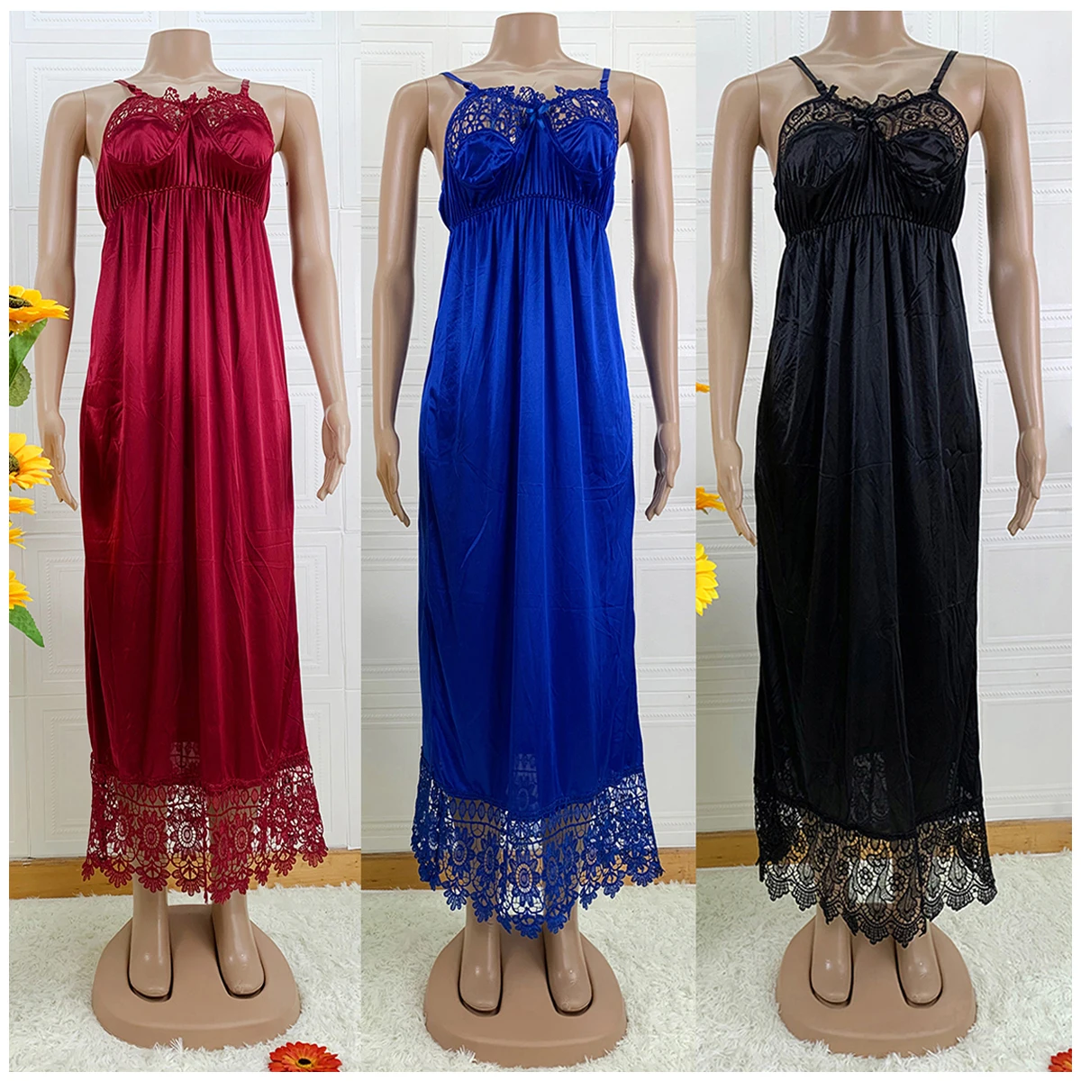 Latest African Women Sexy Elegant Lace Embroidery Pajamas Silk Comfortable Sexy Nightdress Suspender Skirt Length Stretch Dress