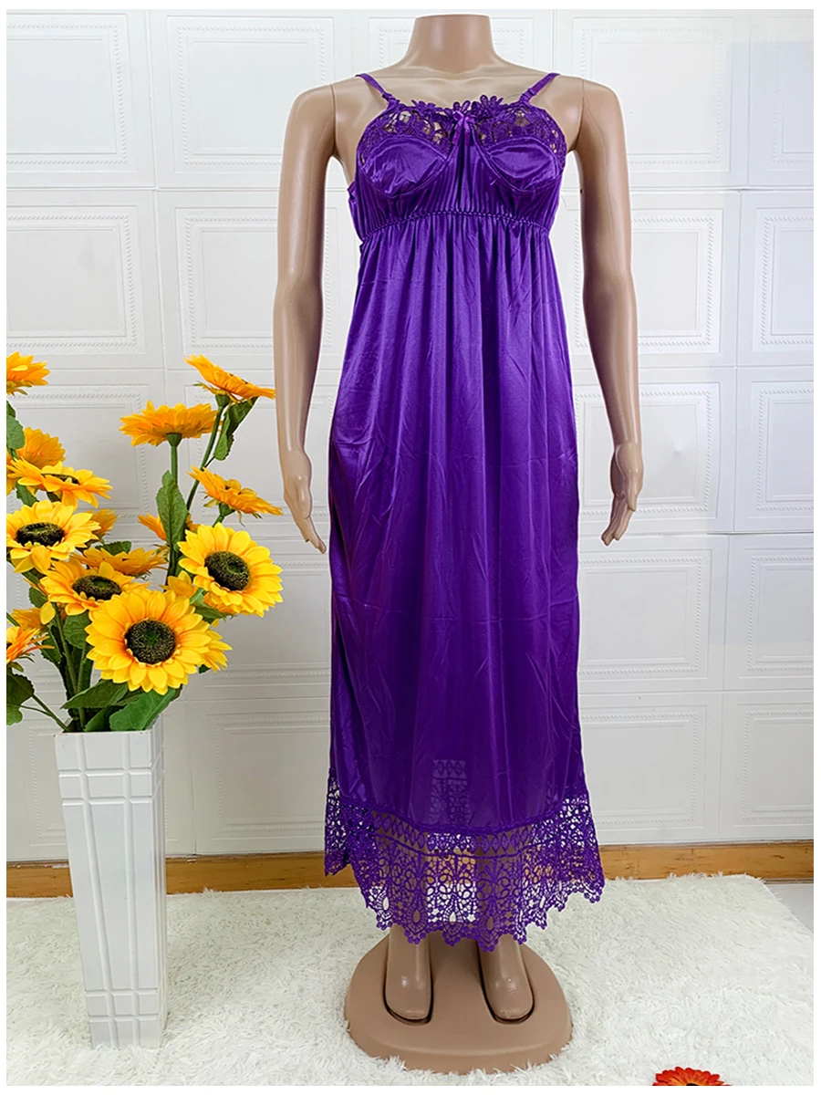 Latest African Women Sexy Elegant Lace Embroidery Pajamas Silk Comfortable Sexy Nightdress Suspender Skirt Length Stretch Dress