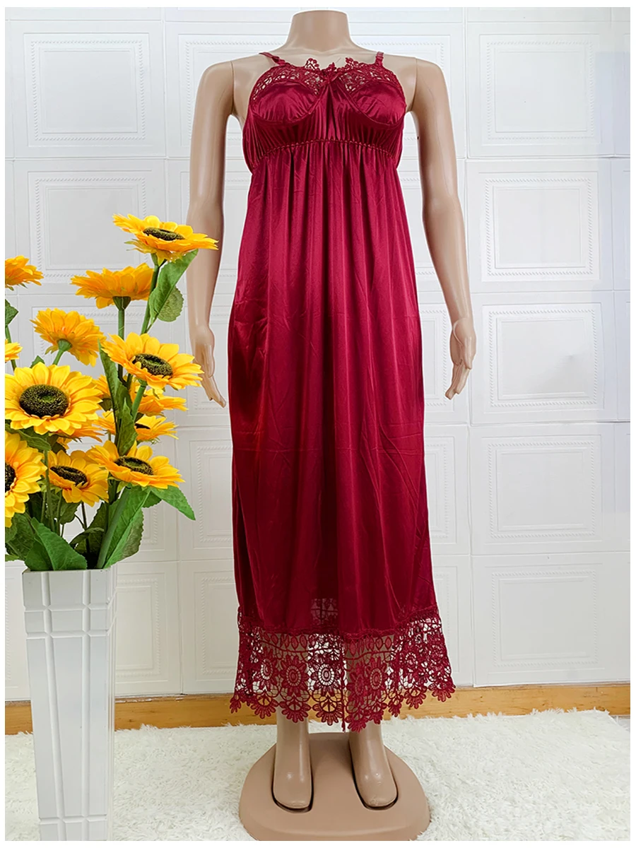 Latest African Women Sexy Elegant Lace Embroidery Pajamas Silk Comfortable Sexy Nightdress Suspender Skirt Length Stretch Dress