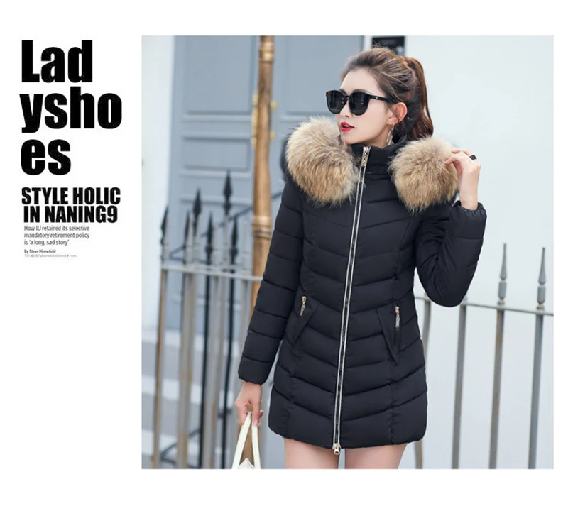 Autumn Female Middle Length Jacket Coat Women Fake Fur Collar Parkas Woman Slim Cotton Padded Jacket S-3XL Winter Jacket