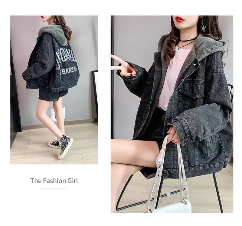 Plus Velvet Thickening 2022 Winter Denim Jacket Women's Hooded Embroidery Loose Warm Cotton Clothes Cotton Clothes Ins Tide W228