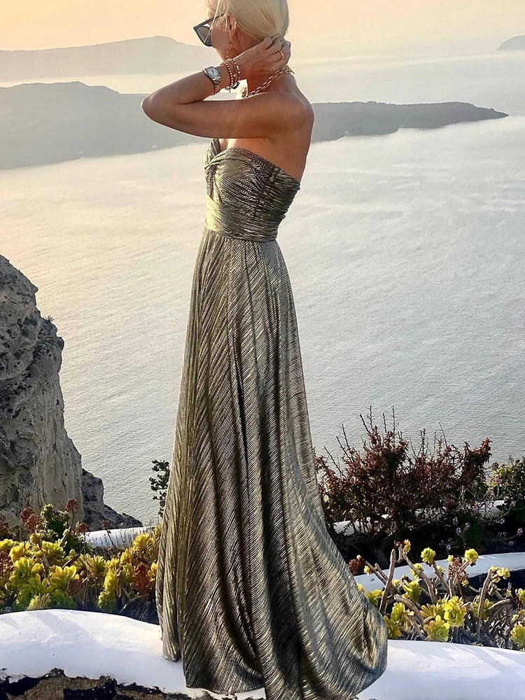 2022 Sexy Twist Strapless Hollow Out Long Dress Women Boho Elegant Bronzing Evening Dress Fashion Sleeveless A-Line Party Dress