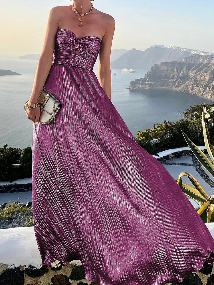 2022 Sexy Twist Strapless Hollow Out Long Dress Women Boho Elegant Bronzing Evening Dress Fashion Sleeveless A-Line Party Dress