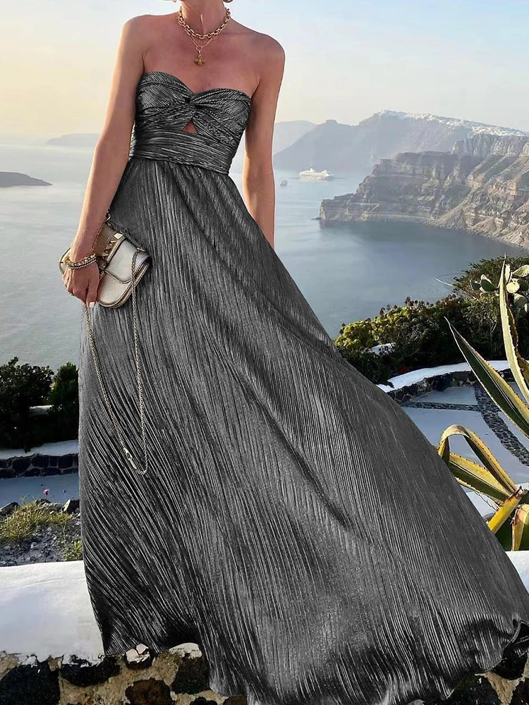 2022 Sexy Twist Strapless Hollow Out Long Dress Women Boho Elegant Bronzing Evening Dress Fashion Sleeveless A-Line Party Dress