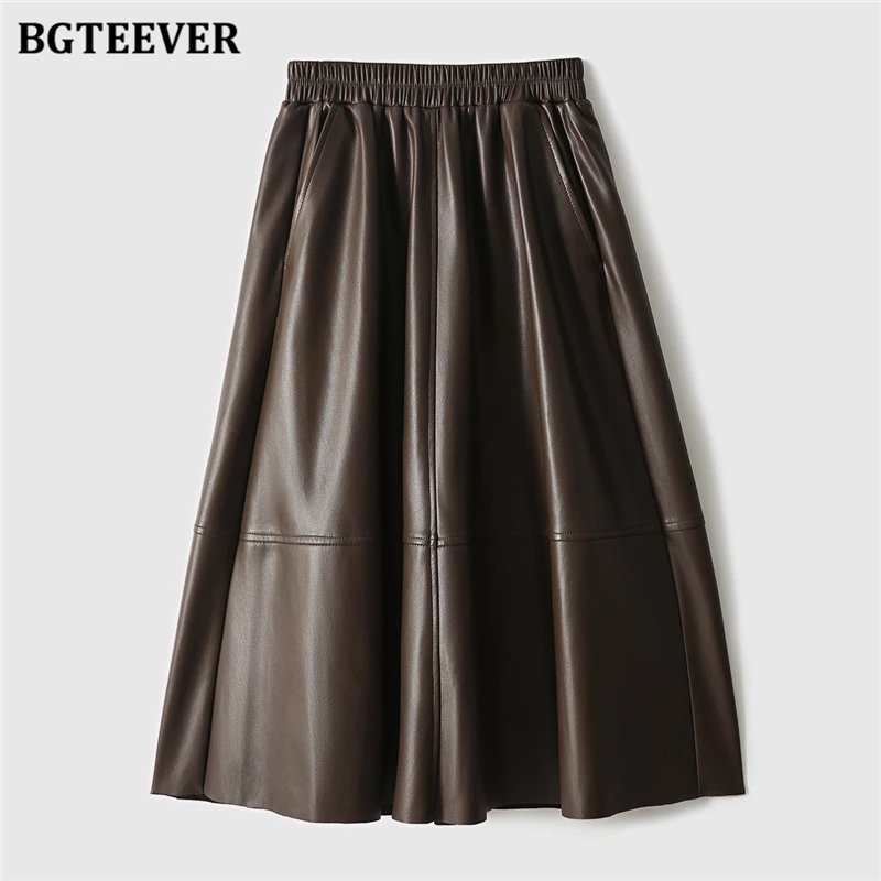 BGTEEVER Stylish Elastic Waist Women PU Leather Skirts Spring Autumn Loose Pockets Faux Leather A-line Skirts Female