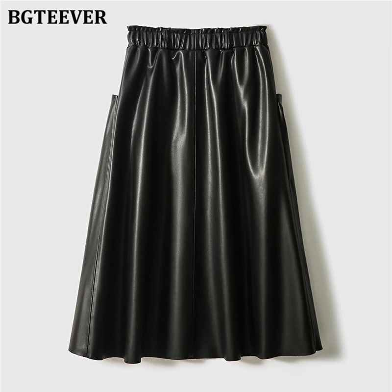 BGTEEVER Stylish Elastic Waist Women PU Leather Skirts Spring Autumn Loose Pockets Faux Leather A-line Skirts Female