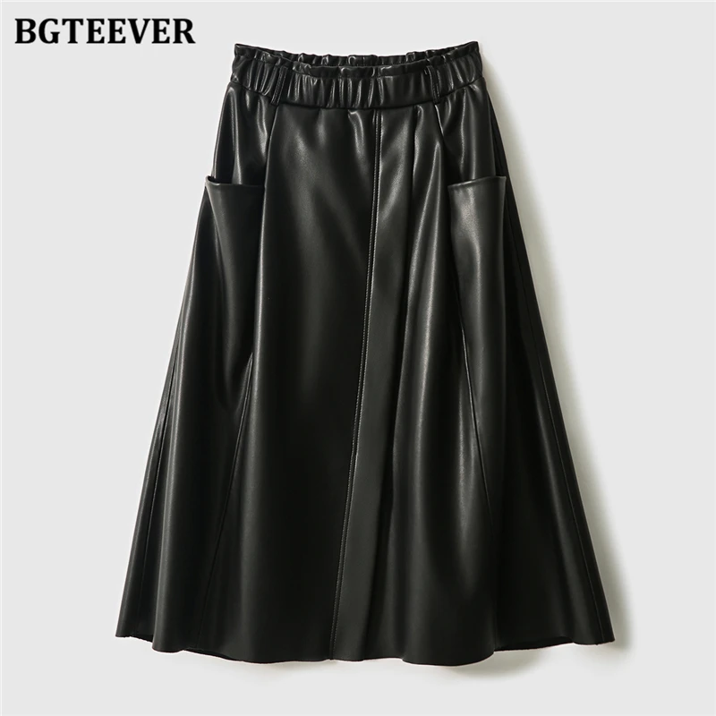 BGTEEVER Stylish Elastic Waist Women PU Leather Skirts Spring Autumn Loose Pockets Faux Leather A-line Skirts Female