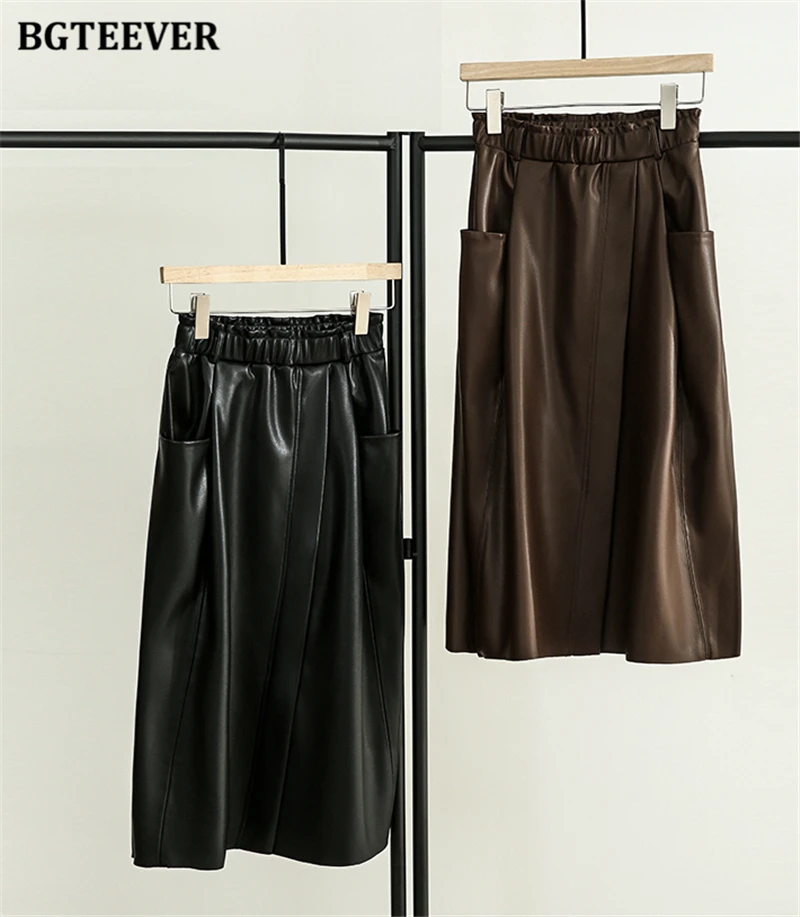 BGTEEVER Stylish Elastic Waist Women PU Leather Skirts Spring Autumn Loose Pockets Faux Leather A-line Skirts Female