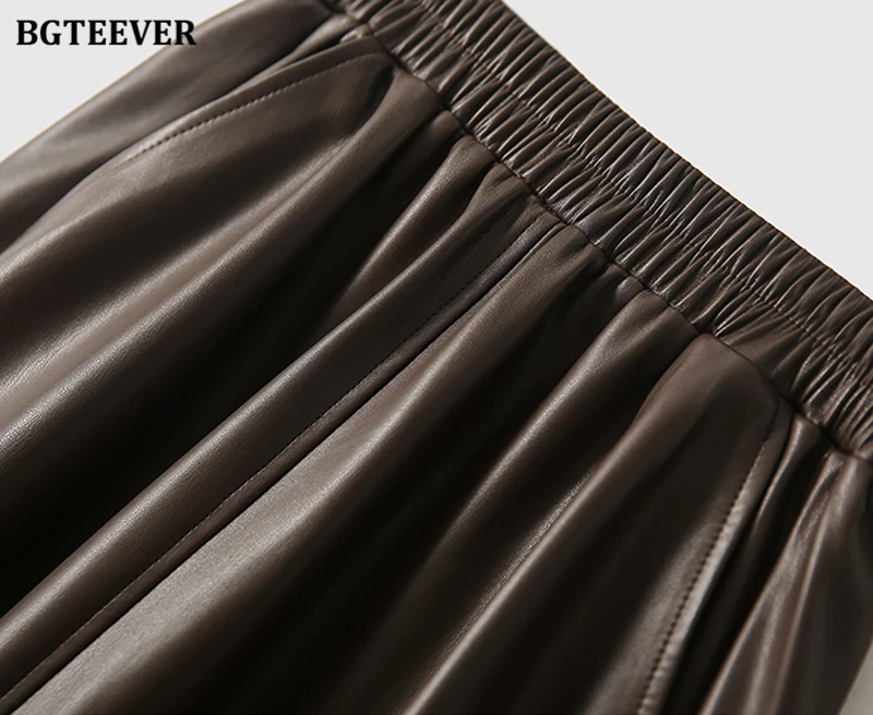 BGTEEVER Stylish Elastic Waist Women PU Leather Skirts Spring Autumn Loose Pockets Faux Leather A-line Skirts Female